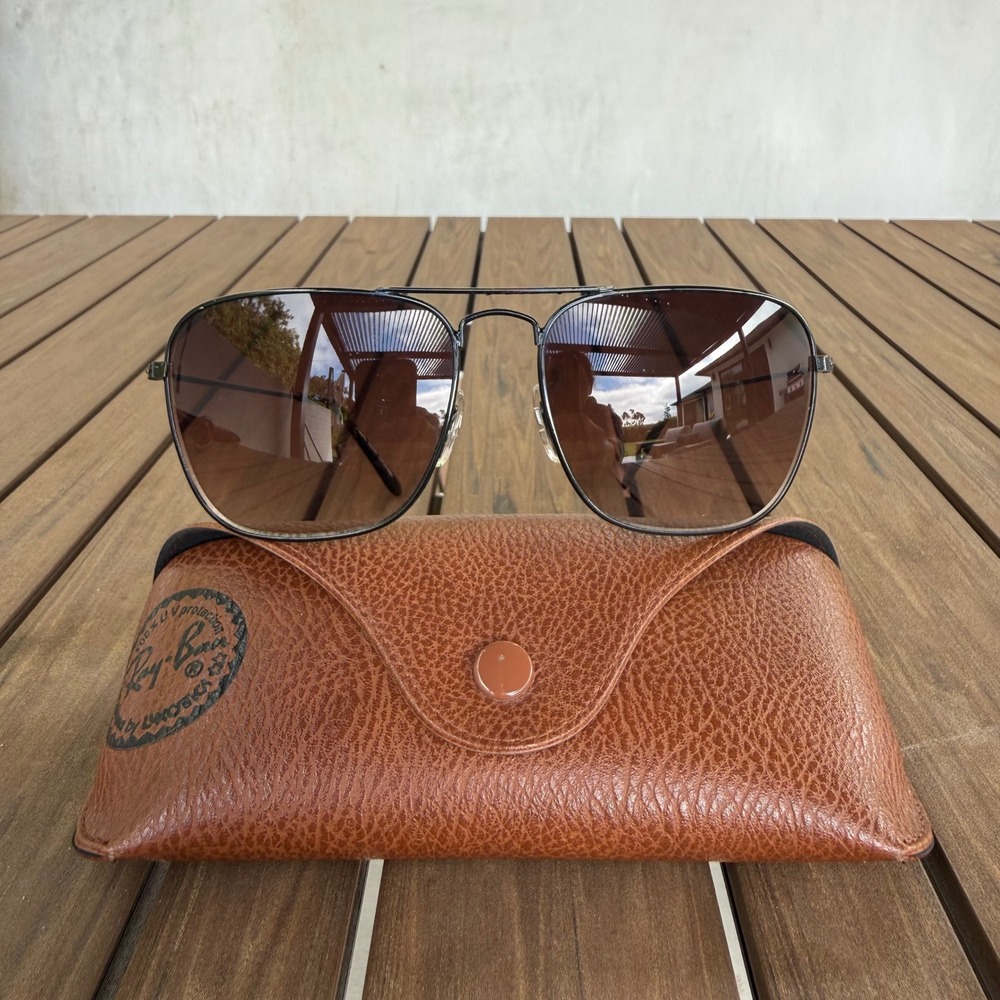 Ray-Ban Mens Aviator Sunglasses Black Metal Frame Brown Glass Visual Scene